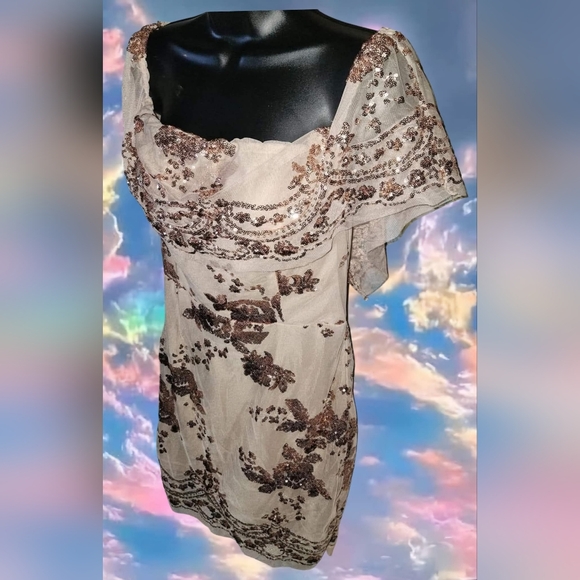 Sexy! Sequined Gold & Cream Midi Dress Sz L Fully Lined Party Wedding Summer Fun - Picture 2 of 4